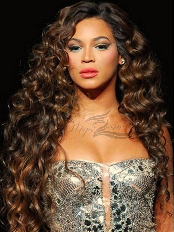 RIHANNA LONG BODY CURL STYLE OMBRE BROWN ROOTS NATURAL BLACK CELEBRITY FULL LACE WIGS [CW34]