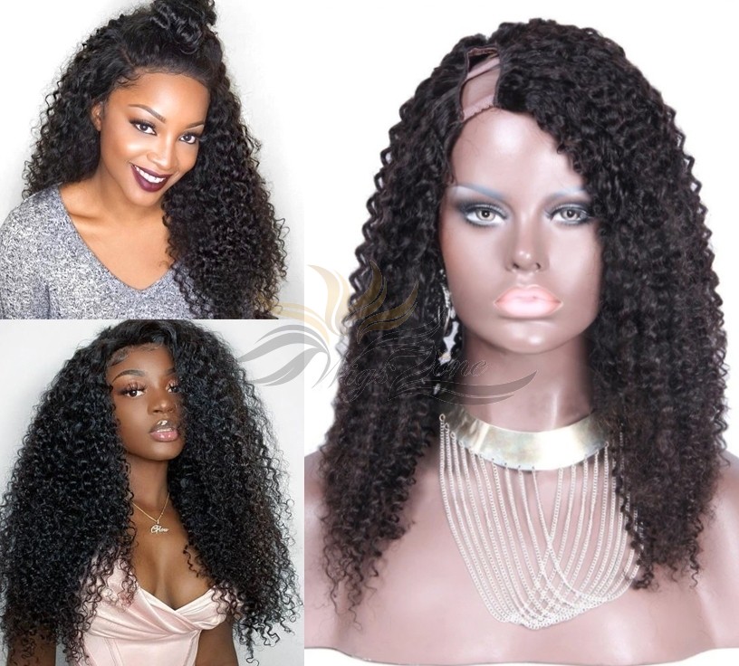 Kinky Curl Brazilian Virgin Hair U Part Wigs Human Hair U-PART Wigs Clips In Glueless Wigs Pre Plucked African American Wigs For Black Women No Glue No Sew In [UWKC]