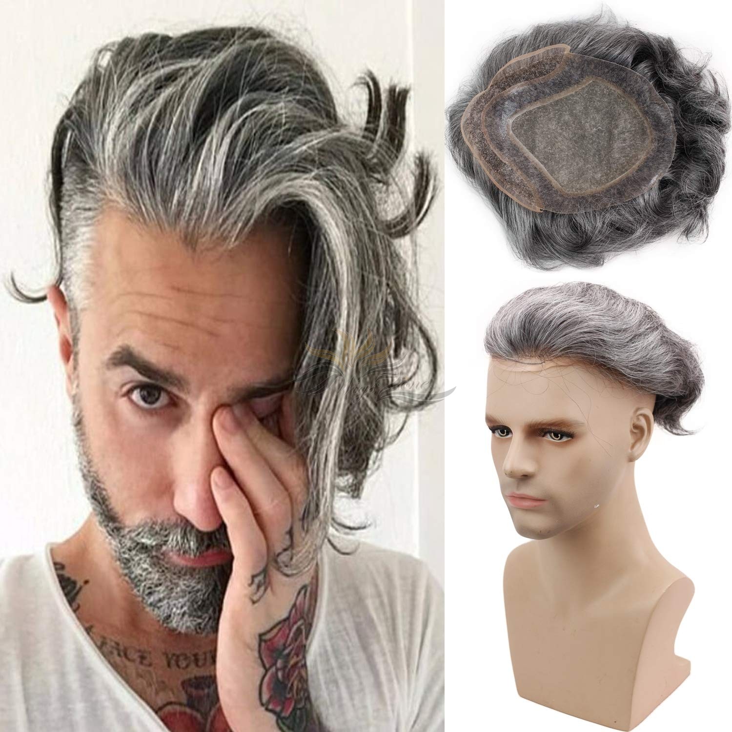 Toupee for Men Mono Lace with PU Around and the French Lace Front Men's Hair Pieces Replacement System 40% 1B Black Color Mixed 60% Grey Hair [T53]