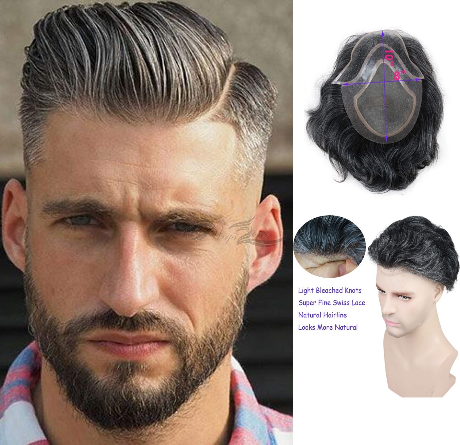 Toupee for Men Hair Replacement System European Human Hairpieces Super Thin Swiss Lace #1B Mixed Gray Hair [T50]