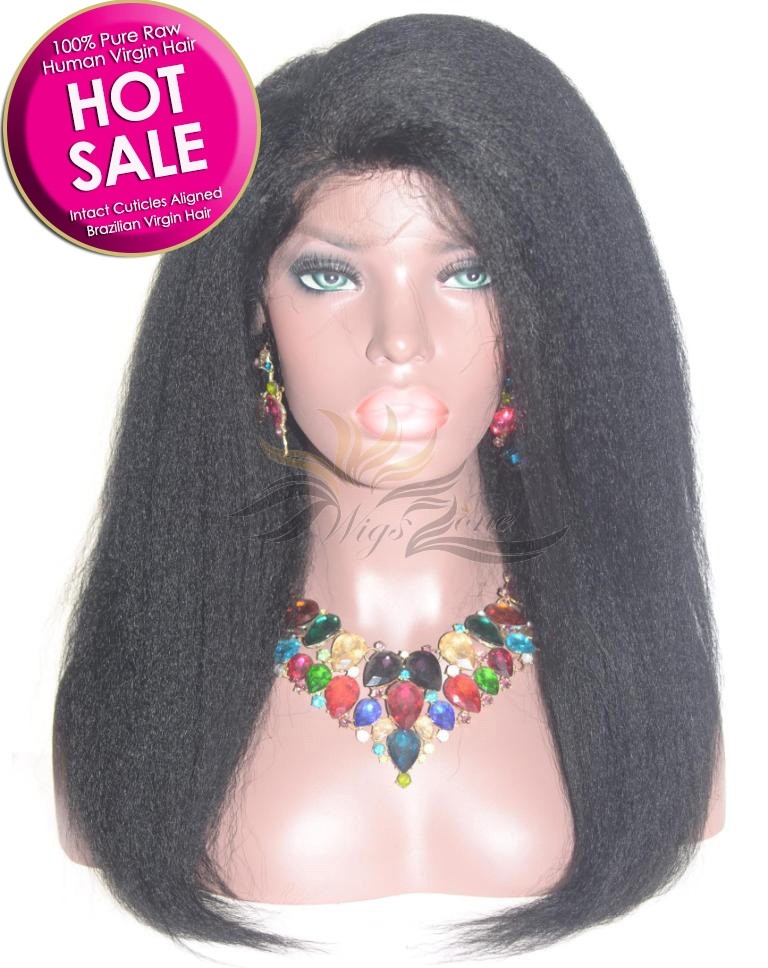 Italian Yaki Black Hair Brazilian Virgin Hair Full Lace Wig Intact Hair Cuticles Aligned HD Lace Pre-Plucked [BFIY]