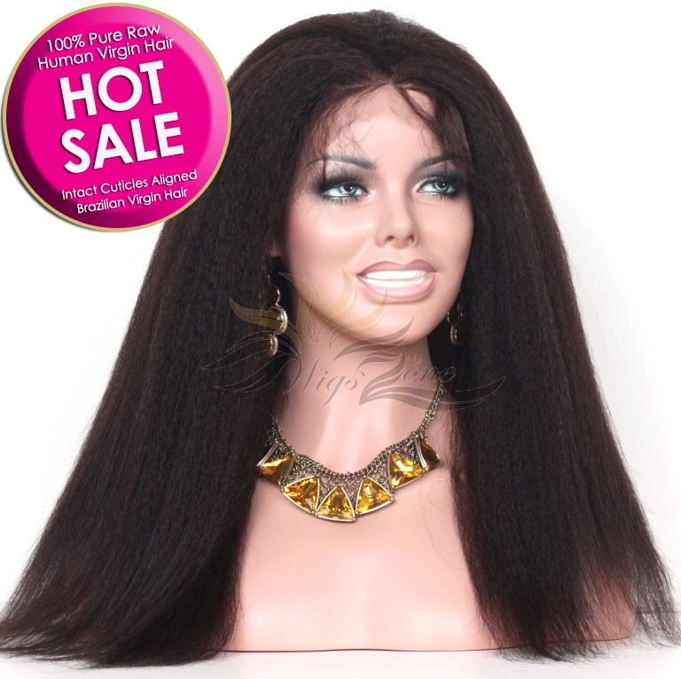 Hot Sale Kinky Straight Brazilian Virgin Hair Full Lace Wig 100% Pure Raw Human Virgin Hair Intact Cutilces Aligned Pre-Plucked Hairline HD Lace [BFKS]