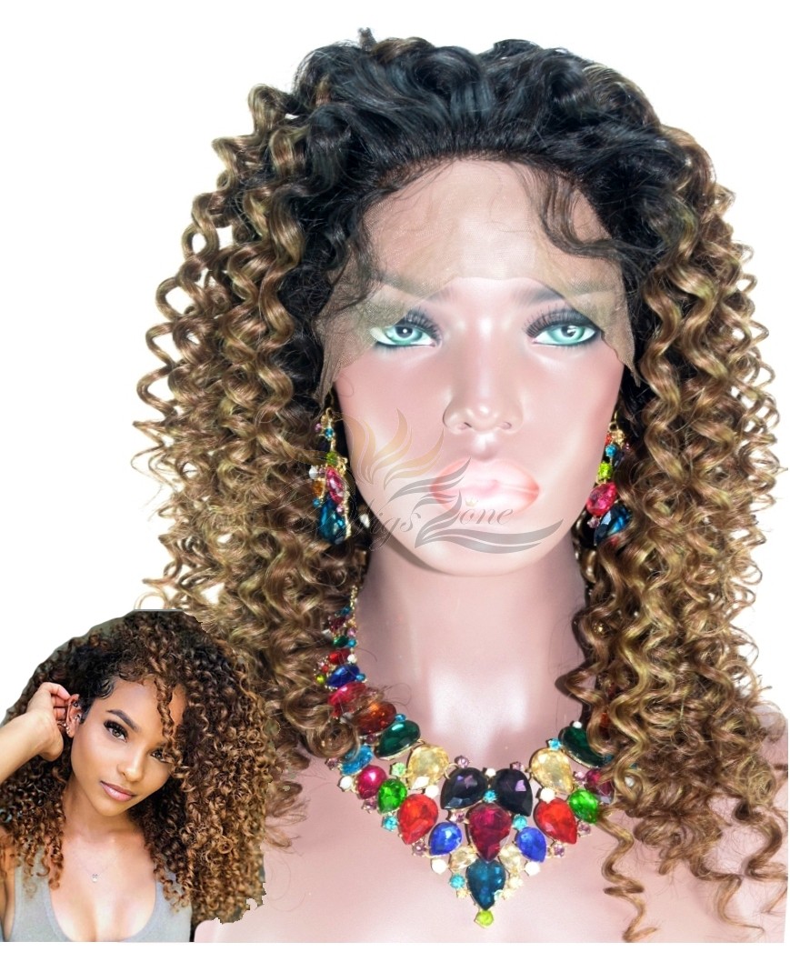 Fashion Ombre Beyonce Curly Medium Gold Brown Brazilian Virgin Hair Human Hair Lace Wig [BF12]
