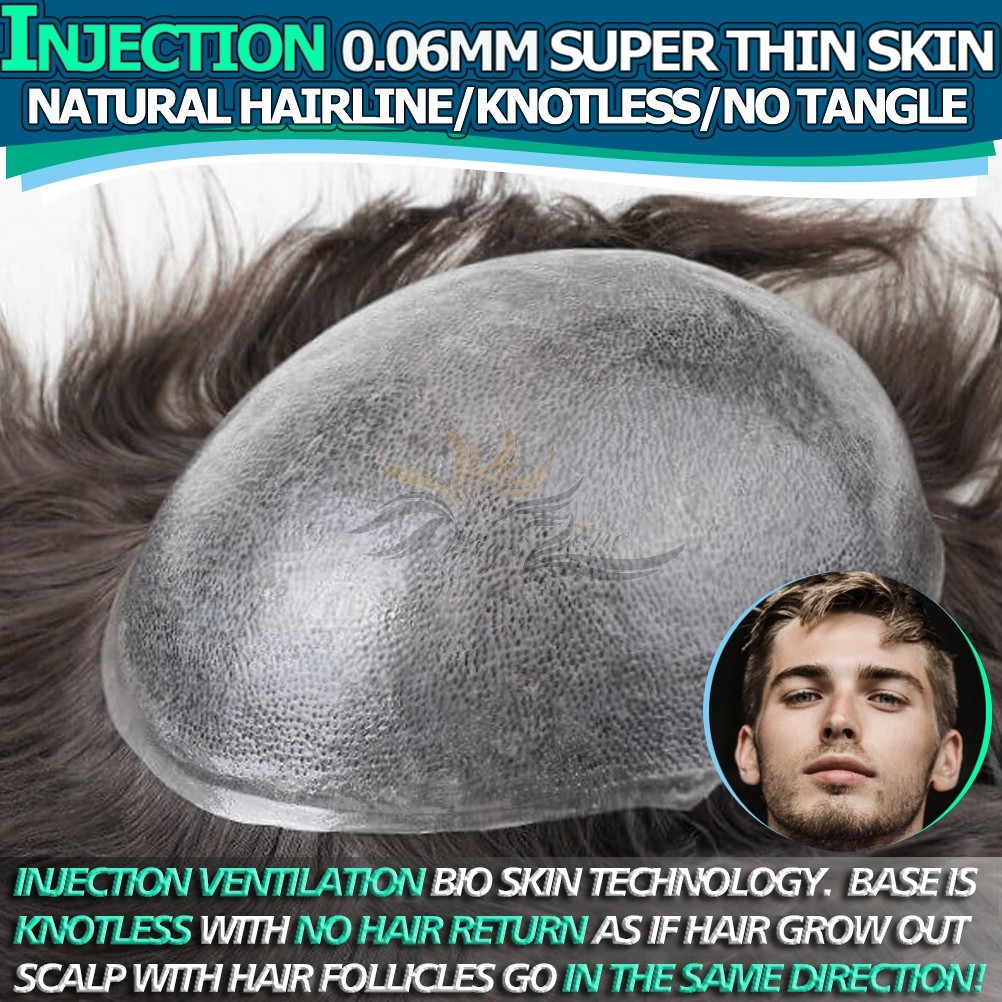 INJECTION Super Thin Skin 0.06MM Undetectable Toupee Bionic-Tech Injected Men Hairpiece Hair Replacement [STS6-I]