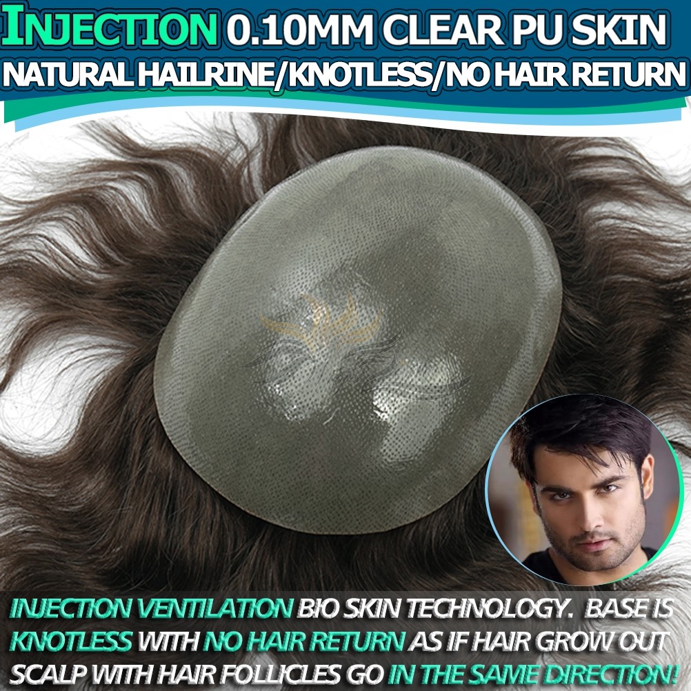 INJECTION Poly Skin 0.10MM Undetectable Bionic-Tech Injected Mens Hairpiece Toupee Men Hair Replacement [POLYCRAFT10-I]