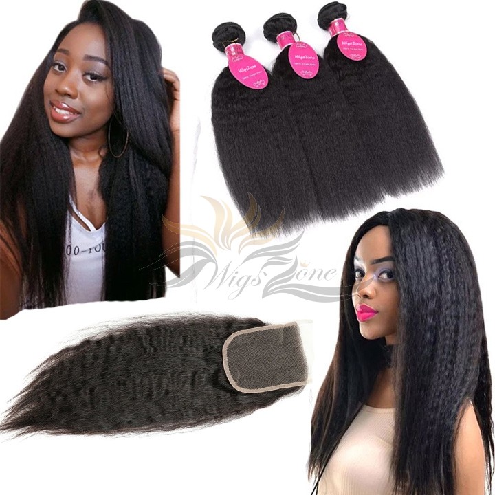 Kinky Straight  Brazilian Virgin Hair Lace Closure + Hair Wefts Bundle Sale [BRBKT]