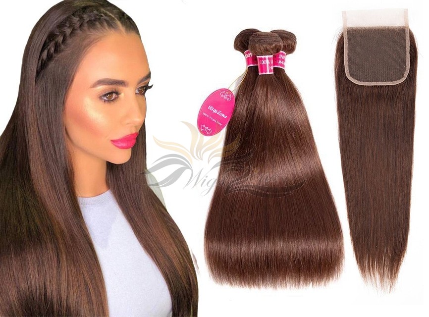 Brazilian Virgin Hair Lace Closure + HAIR WEFTS BUNDLE SALE Color #4 Silky Straight [BRB4ST]