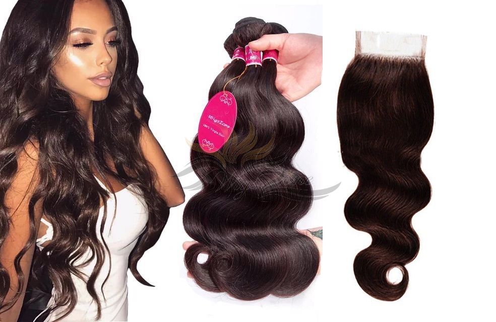 Brazilian Virgin Hair Lace Closure + HAIR WEFTS BUNDLE SALE Color #2 Body Wave [BRB2BW]