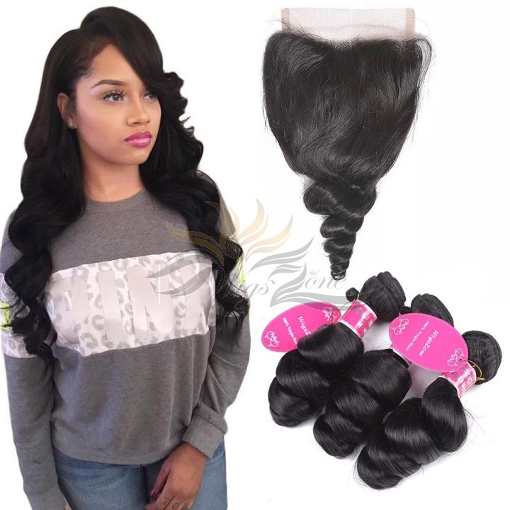 Loose Wave Brazilian Virgin Hair Lace Closure + Hair Wefts Bundle Sale [BRBLW]
