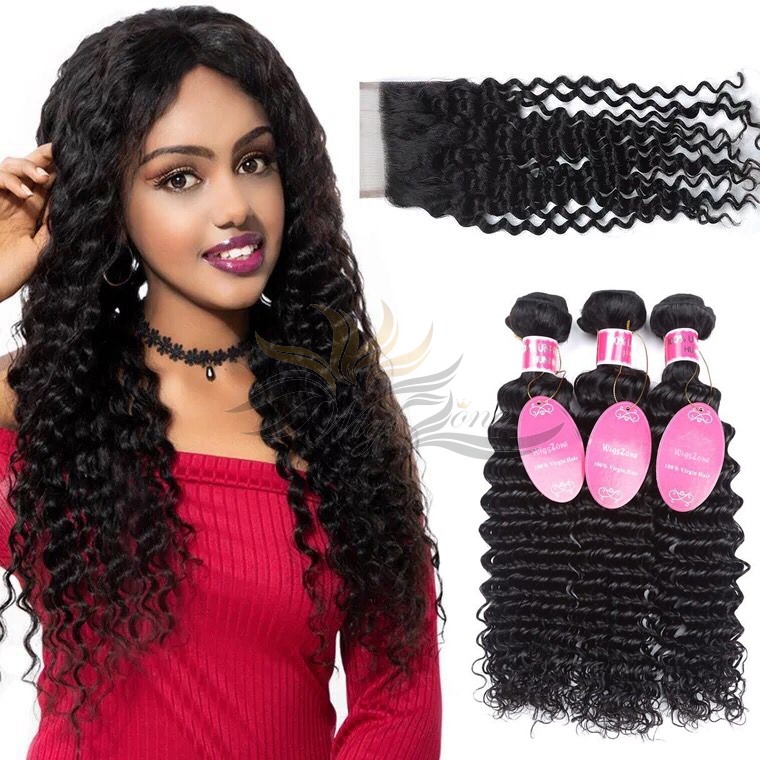 Deep Wave Brazilian Virgin Hair Lace Closure + Hair Wefts Bundle Sale [BRBDW]