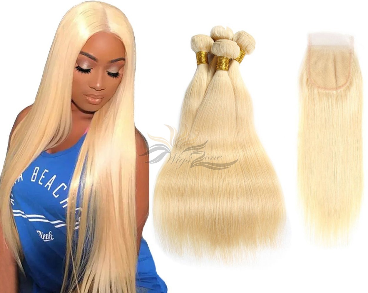 Blonde Color #613 Silky Straight Brazilian Virgin Hair Lace Closure + Hair Wefts Bundle Sale  [B613ST]