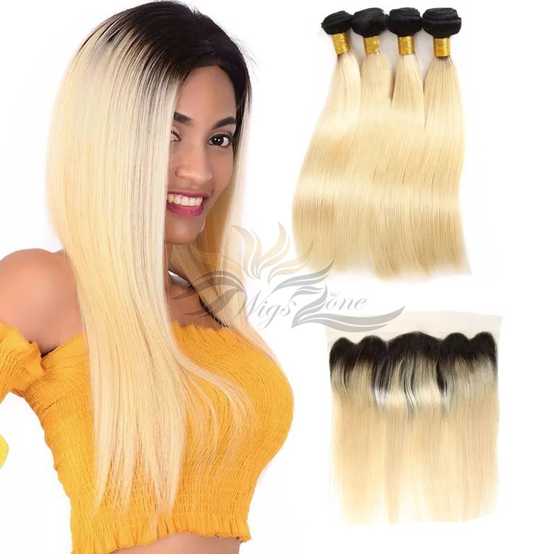 Ombre Blonde Color T1B/613 Silky Straight Human Virgin Hair Lace Frontal + Hair Wefts Bundle Sale [T613LWST]