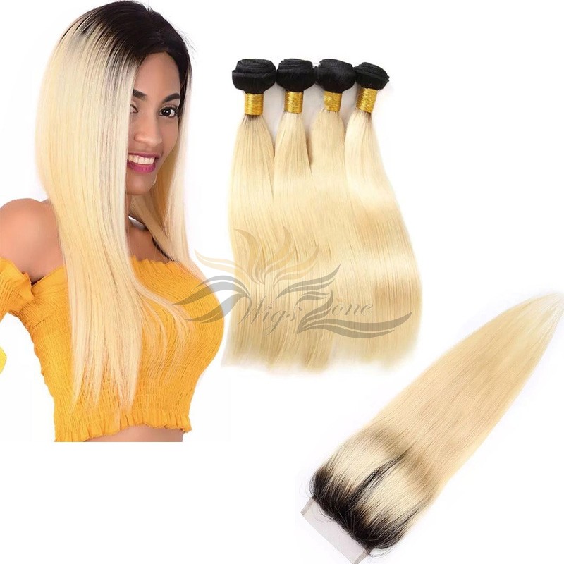 Ombre Blonde Color #613 Silky Straight Brazilian Virgin Hair Lace Closure + Hair Wefts Bundle Sale  [BT613ST]