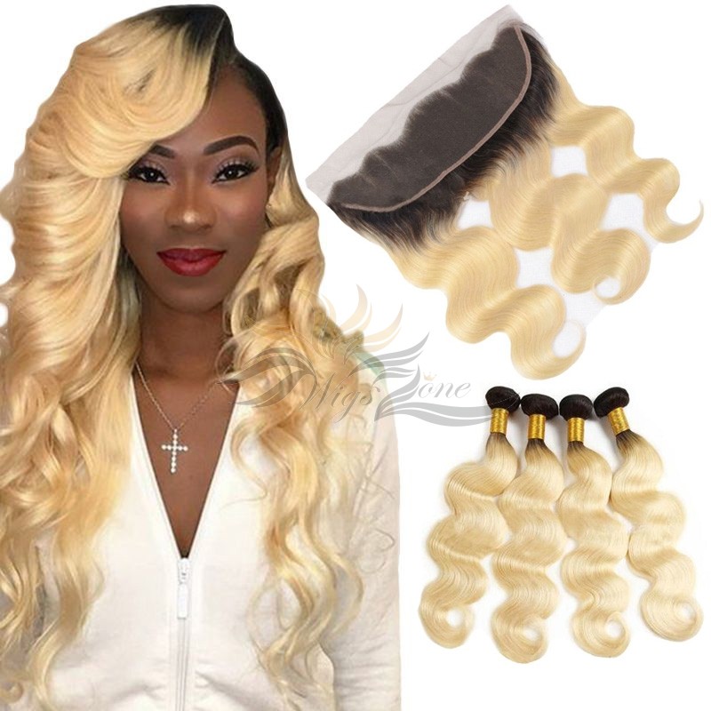 Ombre Blonde Color T1B/613 Body Wave Human Virgin Hair Lace Frontal + Hair Wefts Bundle Sale [T613LWBW]