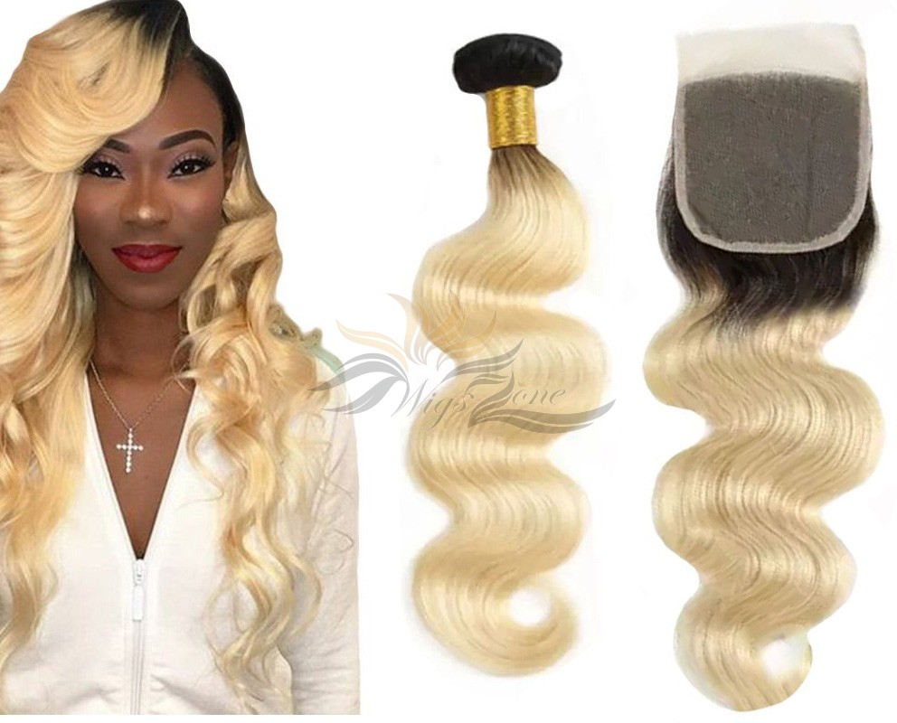 Ombre Blonde Color #613 Body Wave Brazilian Virgin Hair Lace Closure + Hair Wefts Bundle Sale  [BT613BW]