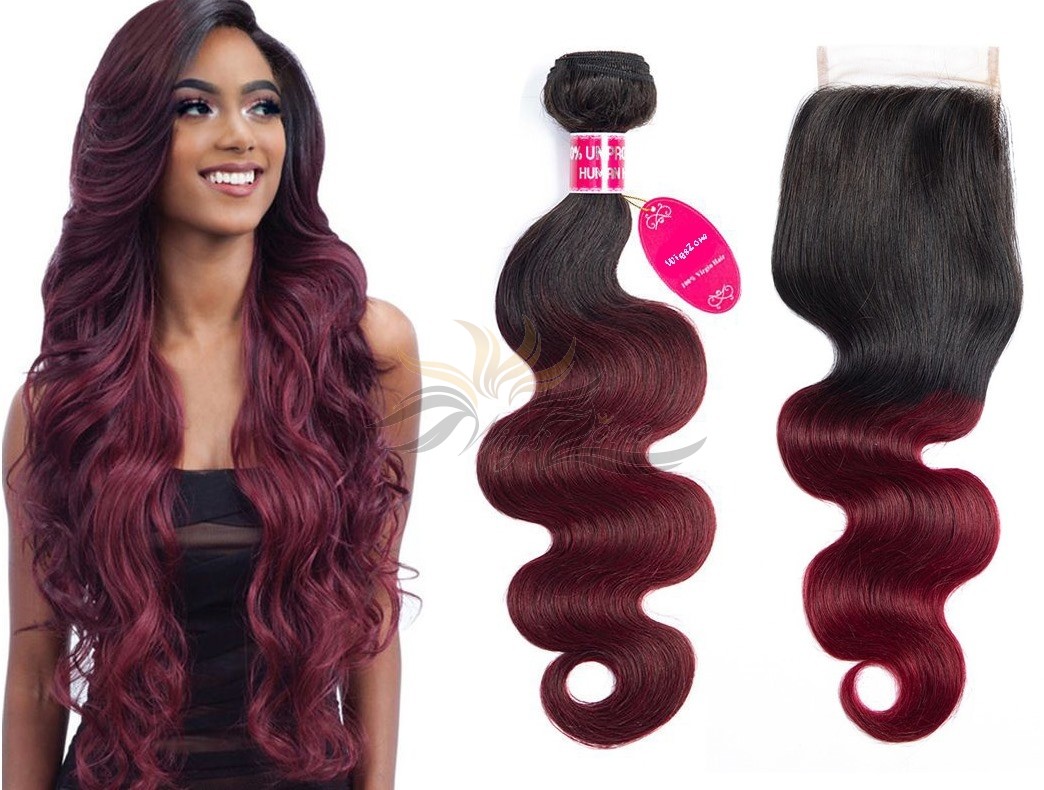 Ombre T1B/99J Two Tone Color Body Wave Hair Brazilian Virgin Hair Lace Closure + HAIR WEFTS BUNDLE SALE [BT99JBW]