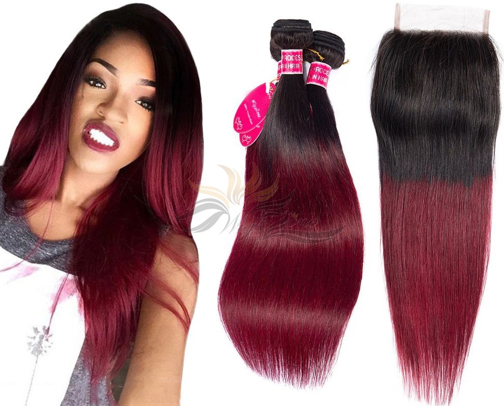 Ombre T1B/99J Two Tone Color Silky Straight Hair Brazilian Virgin Hair Lace Closure + HAIR WEFTS BUNDLE SALE [BT99JST]