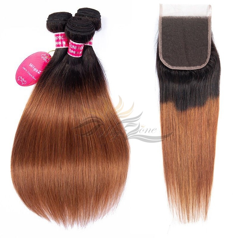 Ombre T1B/30 Two Tone Color Straight Hair Brazilian Virgin Hair Lace Closure + HAIR WEFTS BUNDLE SALE [BT1B30ST]