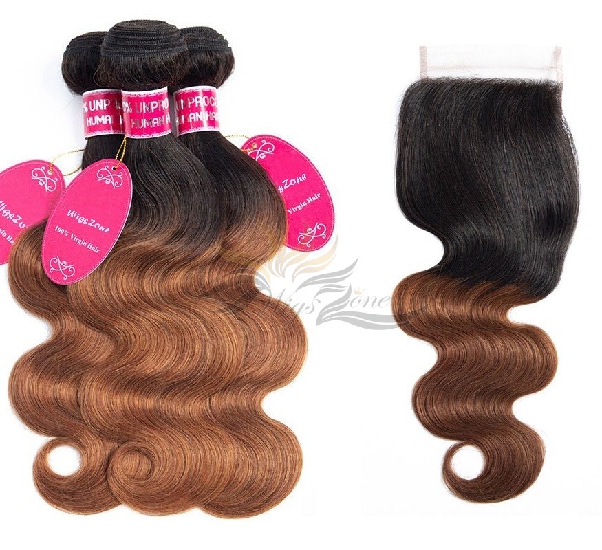 Ombre T1B/30 Two Tone Color Body Wave Brazilian Virgin Hair Lace Closure + HAIR WEFTS BUNDLE SALE [BT1B30BW]