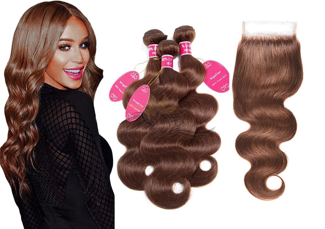 Brazilian Virgin Hair Lace Closure + HAIR WEFTS BUNDLE SALE Color #4 Body Wave [BRB4BW]