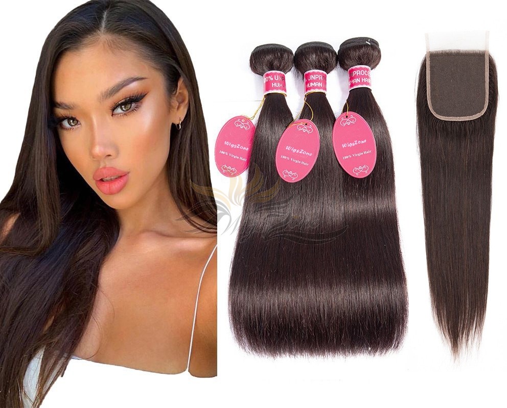 Brazilian Virgin Hair Lace Closure + HAIR WEFTS BUNDLE SALE Color #2 Silky Straight [BRB2ST]