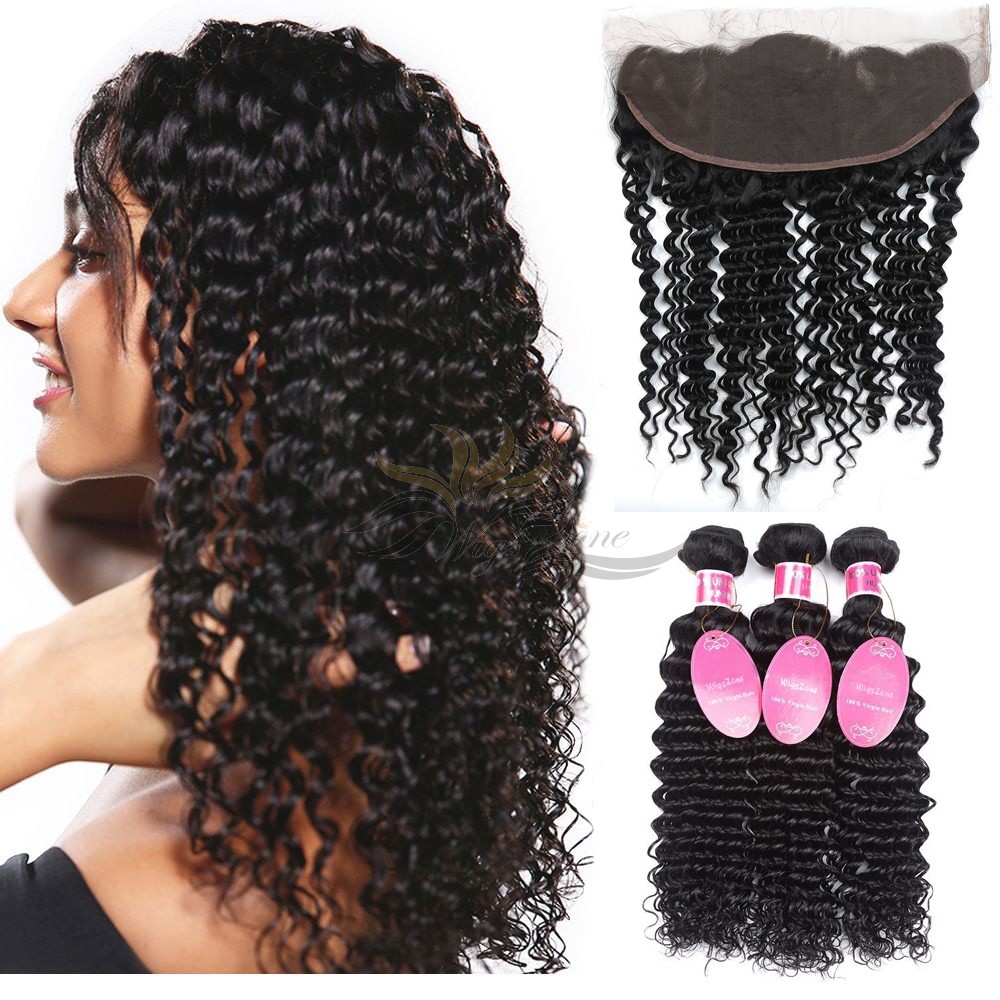 Deep Wave Brazilian Virgin Hair Lace Frontal + Hair Wefts Bundle Sale [BLWDW]