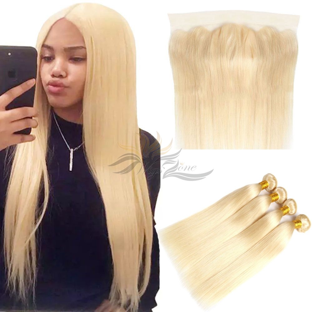 Blonde Color #613 Straight Hair Human Virgin Hair Lace Frontal + Hair Wefts Bundle Sale [613LWST]