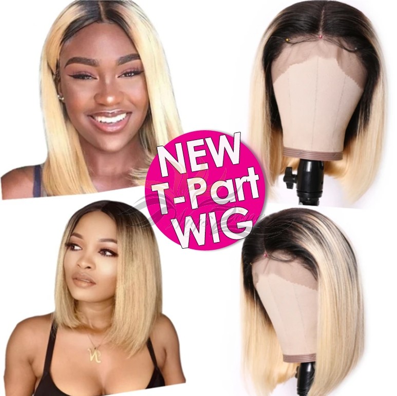 Straight BOB T1B/613 Ombre Blonde Human Hair Lace Front Wigs T-Part Lace Frontal Wig T-Lace Middle Part Wigs Brazilian Hair Clips In Glueless Wigs Pre Plucked African American Wigs For Black Women No Glue No Sew In [TW1B613B]
