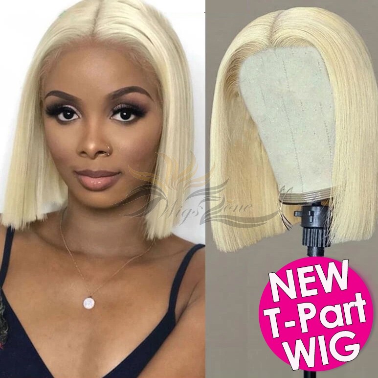 BOB Straight 613 Blonde Human Hair Lace Front Wigs T-Part Lace Frontal Wig T-Lace Middle Part Wigs Brazilian Hair Clips In Glueless Wigs Pre Plucked African American Wigs For Black Women No Glue No Sew In [TW613B]