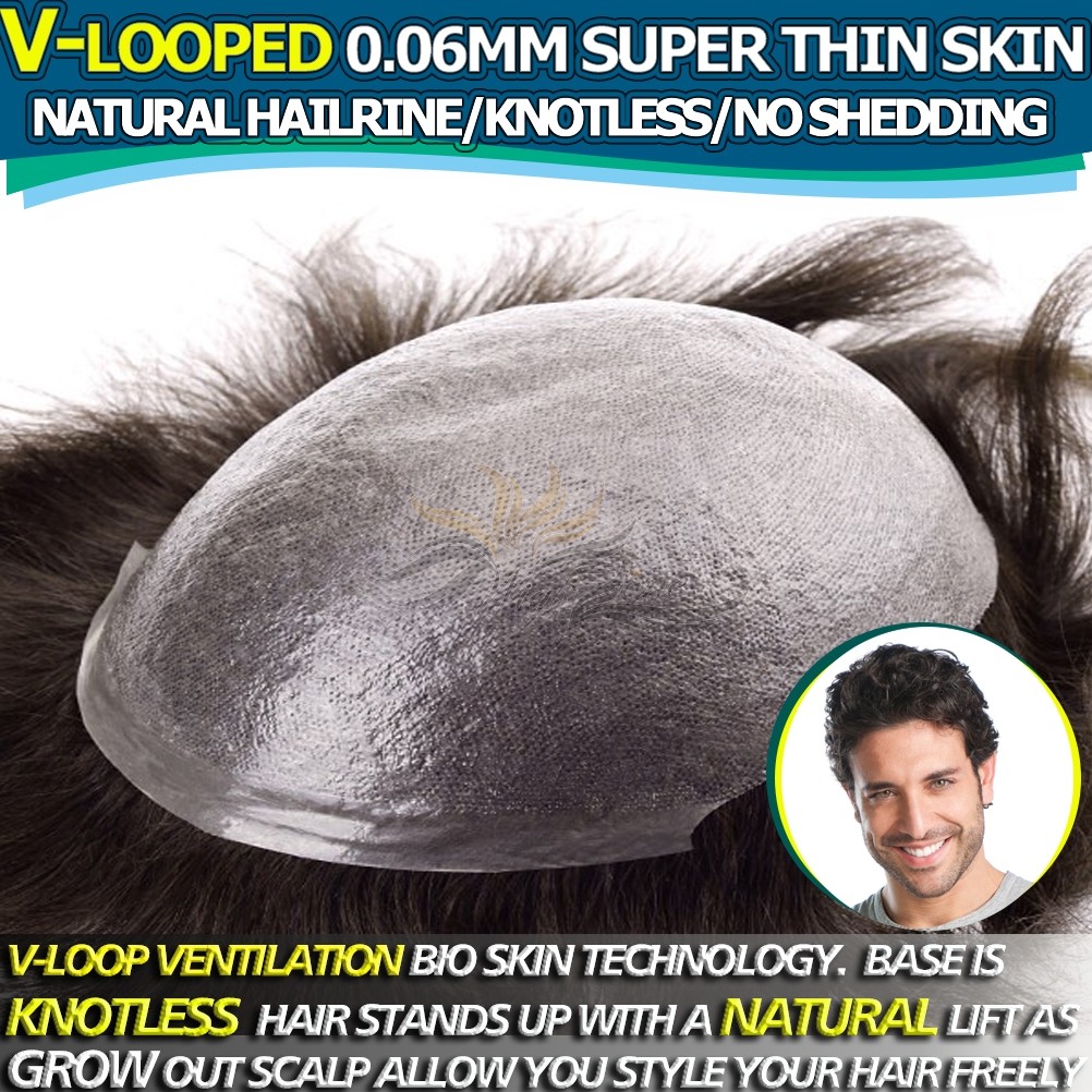 V-LOOPED Super Thin Skin 0.06MM Undetectable Mens Hairpieces Toupees Best Human Hair Replacement For Men [STS6-V]
