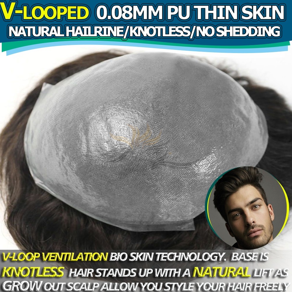 V-LOOPED Thin Skin 0.08MM Undetectable Mens Hairpieces Toupees Best Human Hair Replacement For Men [POLYCRAFT8-V]