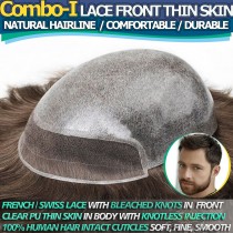 Combo French Lace/Swiss Lace Front Injected Thin Skin Hair System For Men Hair Replacement Hairpiece Toupee [Combo-I]