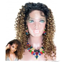 Fashion Ombre Beyonce Curly Medium Gold Brown Brazilian Virgin Hair Human Hair Lace Wig [BF12]