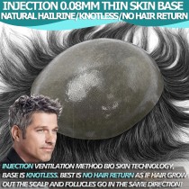 INJECTION Thin Skin 0.08MM Undetectable NANO-TECH Injected Mens Hairpiece Toupee Men Hair Replacement [TS08I]