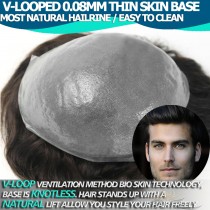 Thin Skin 0.08MM Undetectable V-Looped Mens Hairpieces Toupees Best Human Hair Replacement For Men [TS08V]