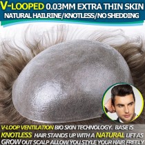 V-LOOPED Ultra Thin Skin 0.03MM Undetectable Mens Hairpieces Toupees Best Human Hair Replacement For Men [XTS]