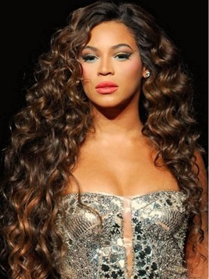 Beyonce Ombre Black to Brown Long Curly Hairstyle Human Virgin Hair Celebrity Lace Wig [CW04]