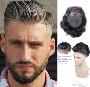 Toupee for Men Hair Replacement System European Human Hairpieces Super Thin Swiss Lace #1B Mixed Gray Hair [T50]