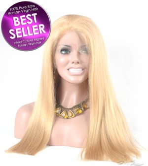 Light Blonde Color #613 Straight Hair Russian Virgin Hair Full Lace Wig Pre-Plucked Hairline Super Fine HD Lace Super Bleached Knots [RF613ST]