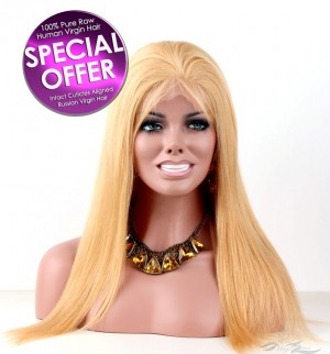 Honey Blonde Silky Straight Russian Virgin Hair Full Lace Wig Pre-Plucked Hairline Super Fine HD Lace Bleached Knots [RF27ST]