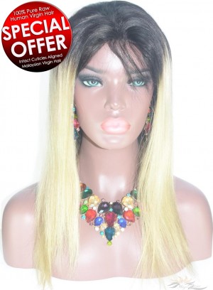 Ombre Blonde T1B/27 Silky Straight Malaysian Human Hair Lace Wig Pre-Plucked Hairline HD Lace [MAT1B27]