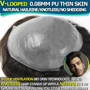 V-LOOPED Thin Skin 0.08MM Undetectable Mens Hairpieces Toupees Best Human Hair Replacement For Men [POLYCRAFT8-V]